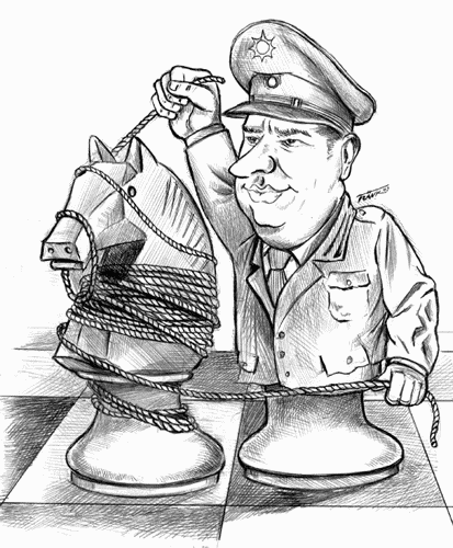 Schach-Karikatur: Der gefesselte Springer