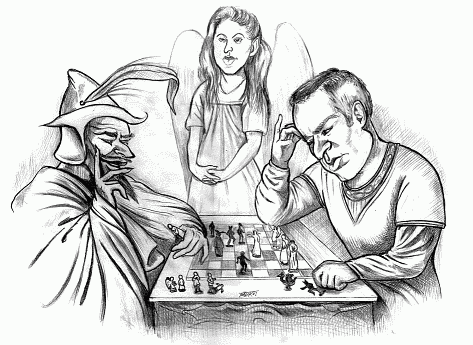 Schach-Karikatur: Mephisto spielt mit Faust um dessen Seele